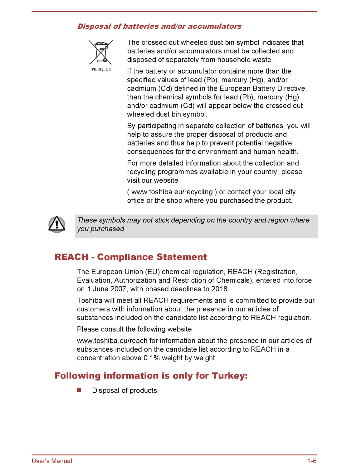 Toshiba S70-B, L70-B, C70-B user manual Reach Compliance Statement, Following information is only for Turkey 