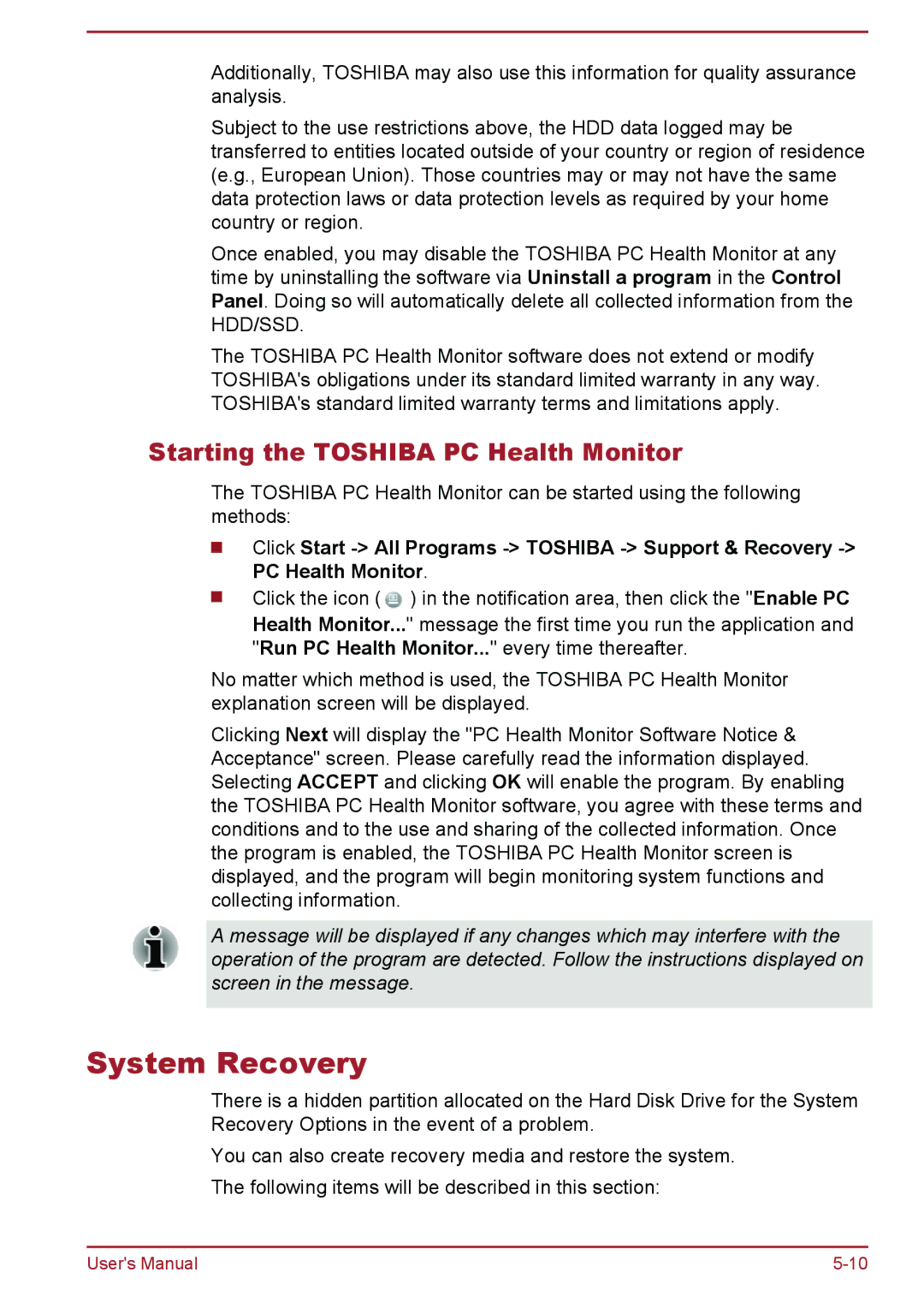 Toshiba L70-B, S70-B, C70-B user manual System Recovery, Starting the Toshiba PC Health Monitor 