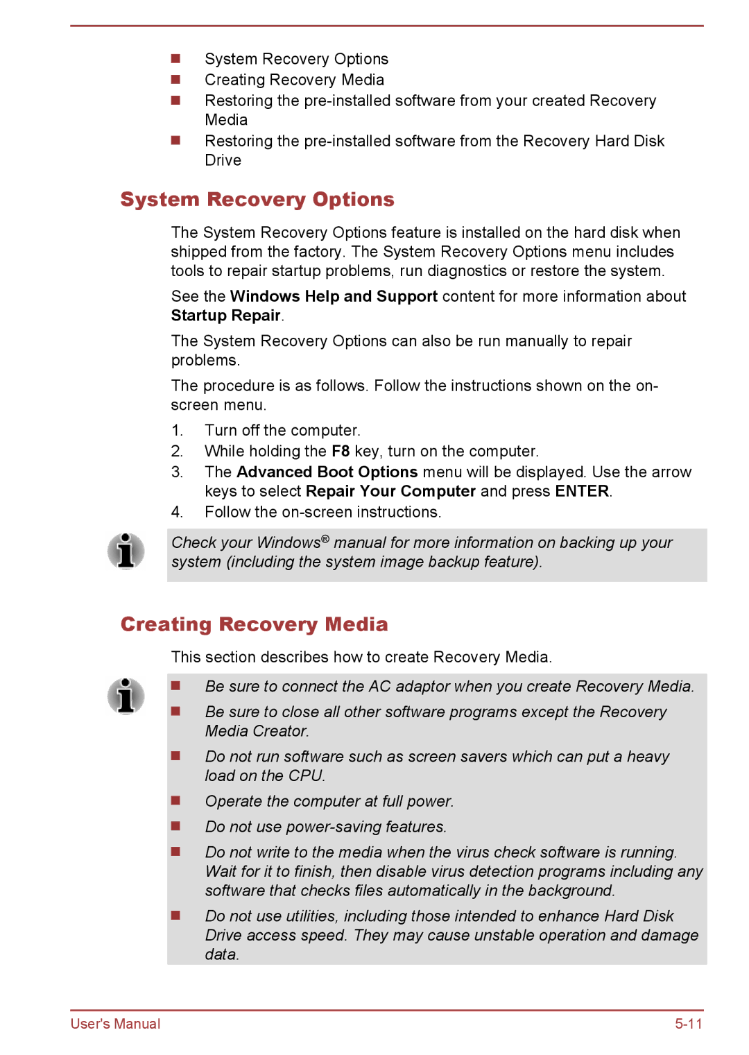 Toshiba C70-B, S70-B, L70-B user manual System Recovery Options, Creating Recovery Media 