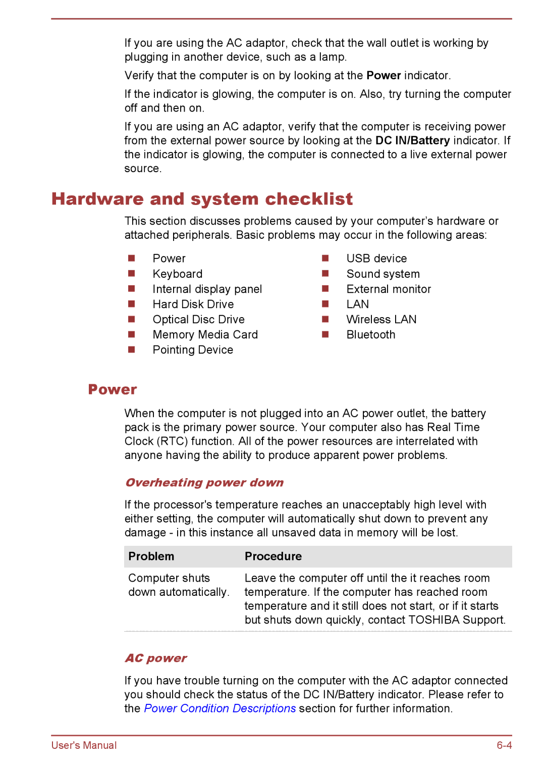 Toshiba C70-B, S70-B, L70-B Hardware and system checklist, Power, Overheating power down, Problem Procedure, AC power 