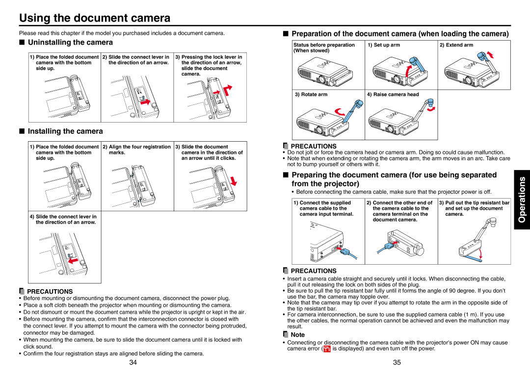 Toshiba TLP-S71, S70, TLP-T71M, TLP-S40 (SVGA) Using the document camera, Uninstalling the camera, Installing the camera 