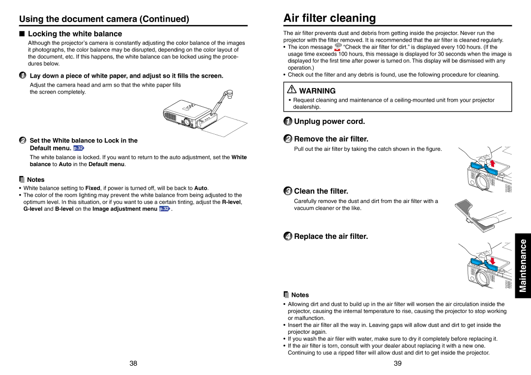 Toshiba TLP-T70M (XGA), S70, TLP-T71M, TLP-S71, TLP-S40 (SVGA), TLP-S41, TLP-T61M owner manual Air filter cleaning, Maintenance 