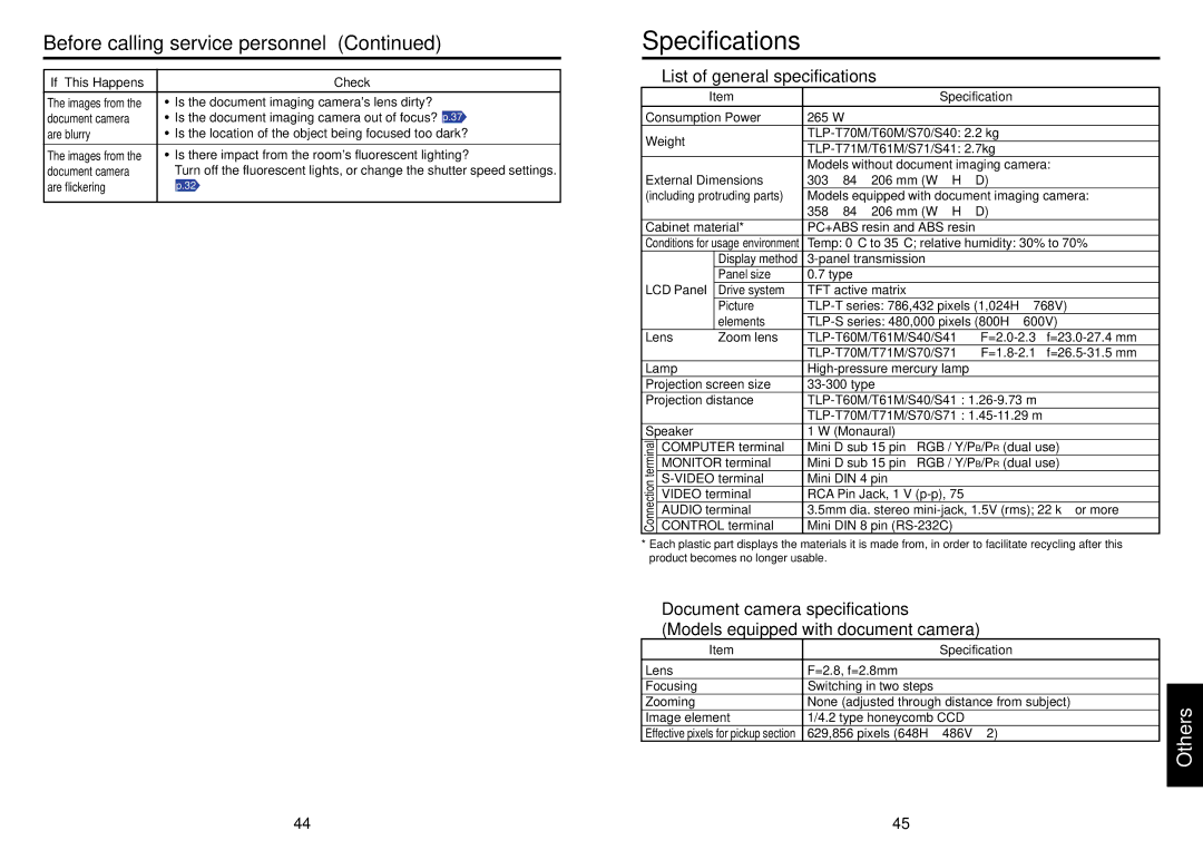 Toshiba TLP-T60M (XGA), S70, TLP-T71M Specifications, Before calling service personnel, List of general specifications 