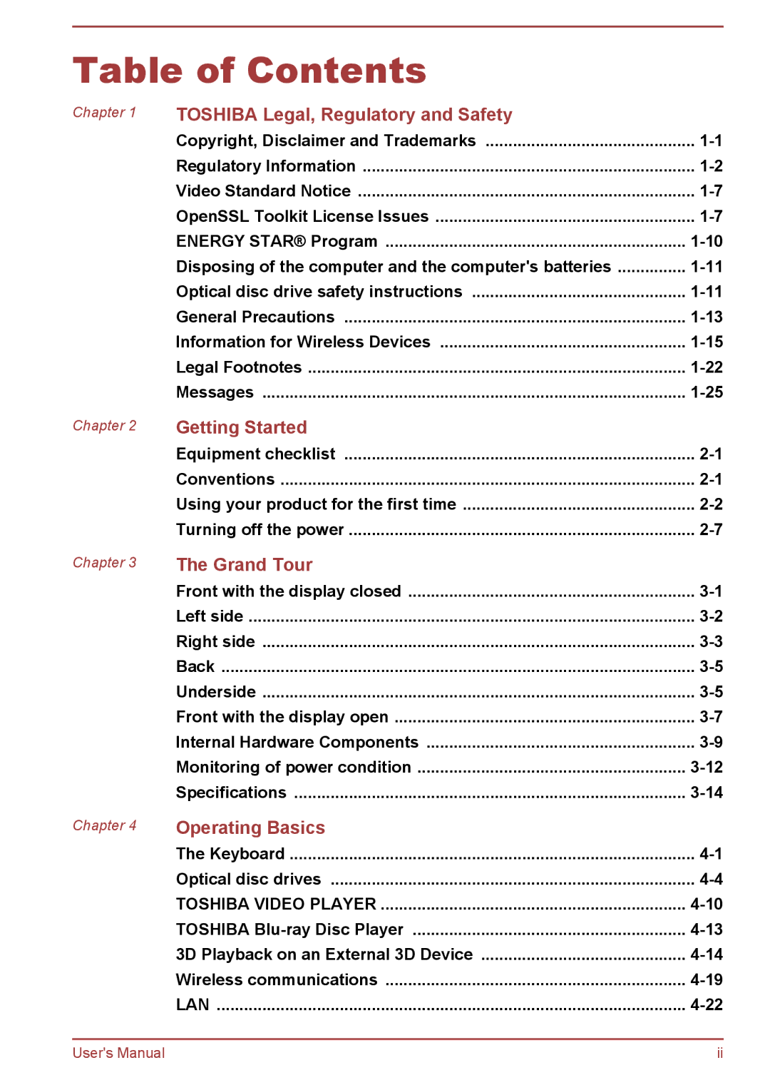 Toshiba L855D, L850D, C850D, C855D, S855D, S850D user manual Table of Contents 