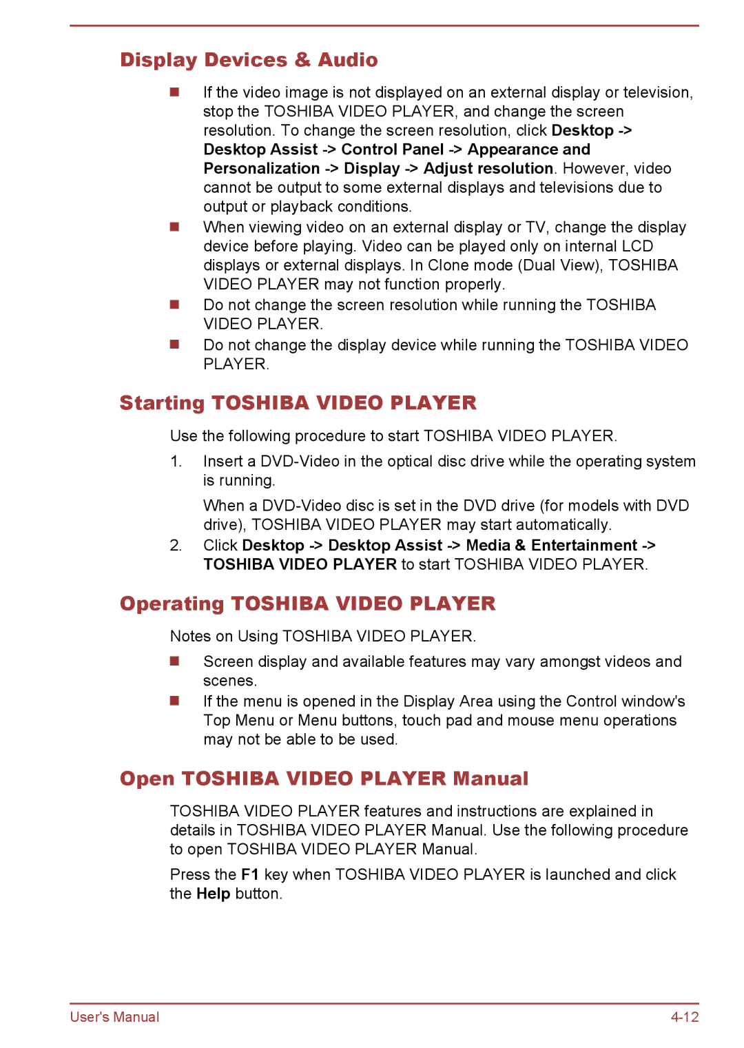 Toshiba S855D, L850D, L855D, C855 Display Devices & Audio, Starting Toshiba Video Player, Operating Toshiba Video Player 