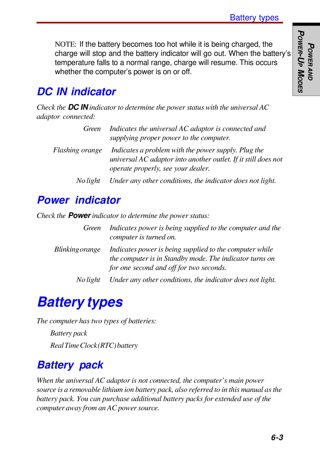 Toshiba Satellite 2450 user manual Battery types, DC in indicator, Power indicator, Battery pack 