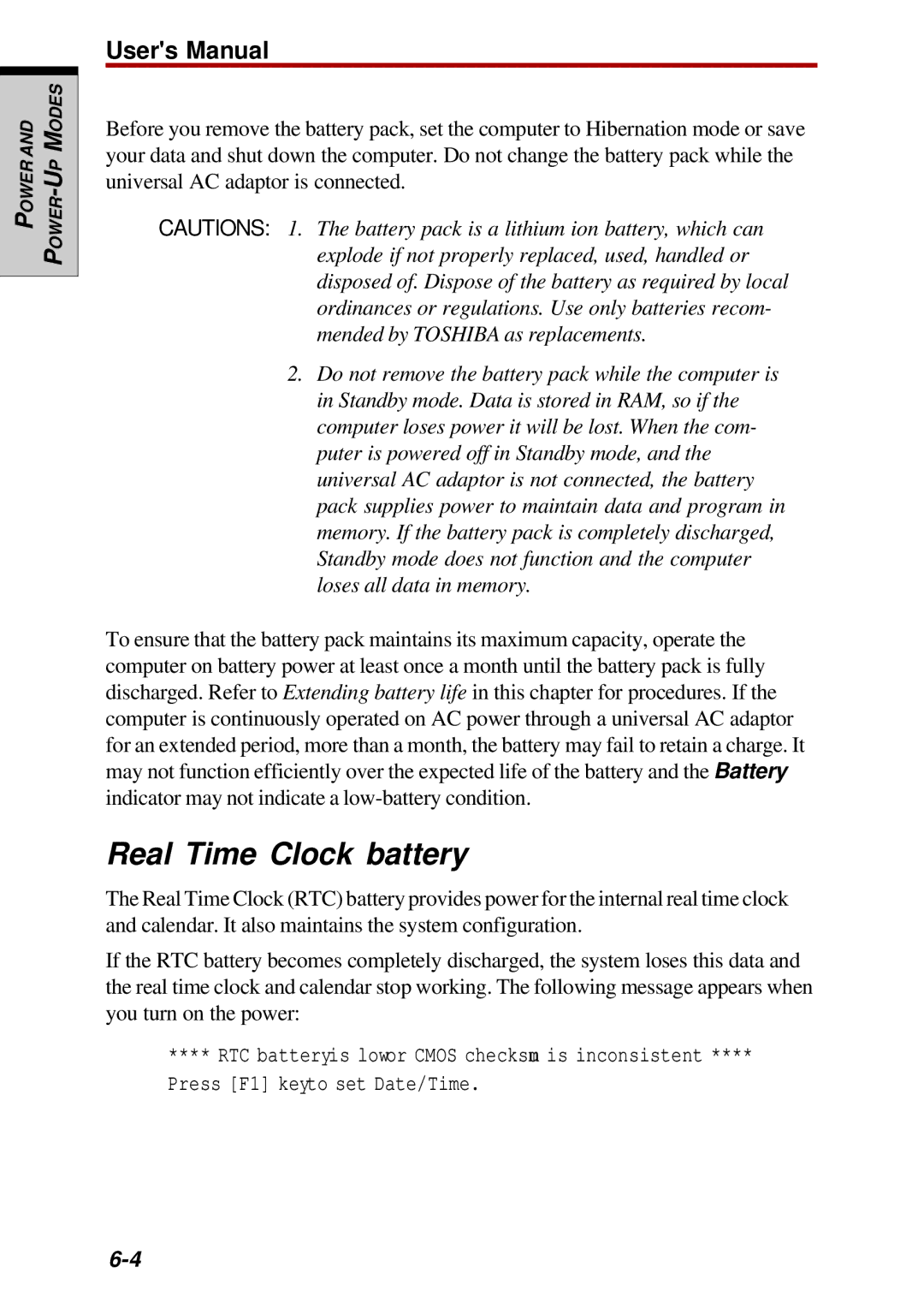 Toshiba Satellite 2450 user manual Real Time Clock battery 