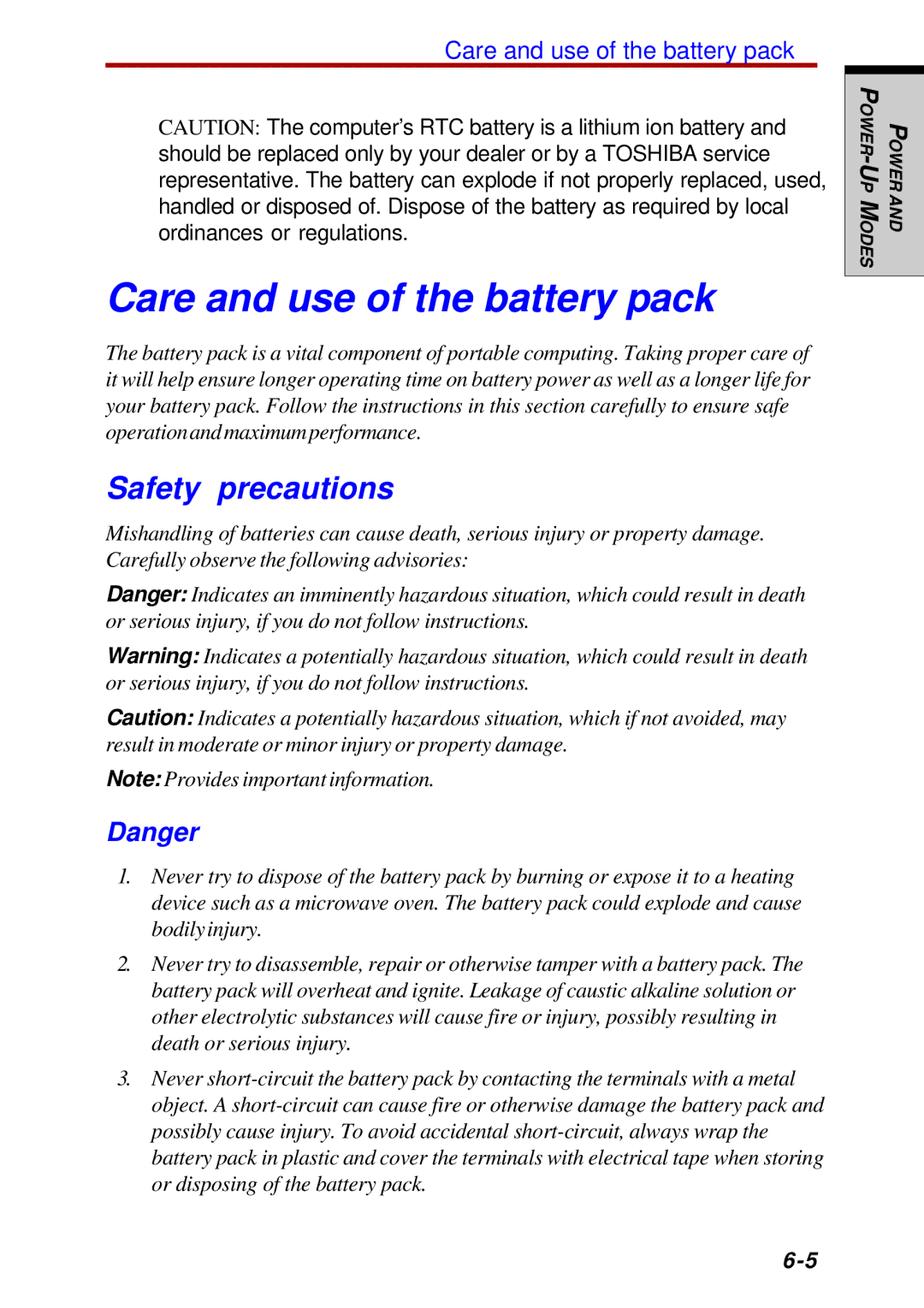 Toshiba Satellite 2450 user manual Care and use of the battery pack, Safety precautions 