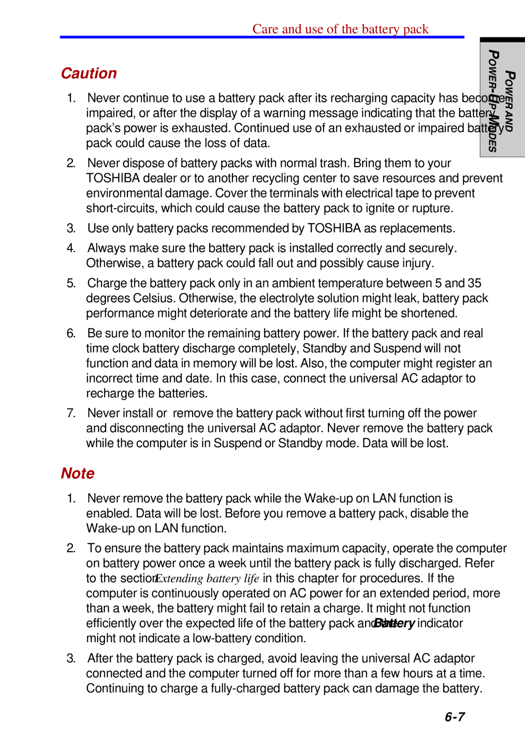 Toshiba Satellite 2450 user manual Care and use of the battery pack 