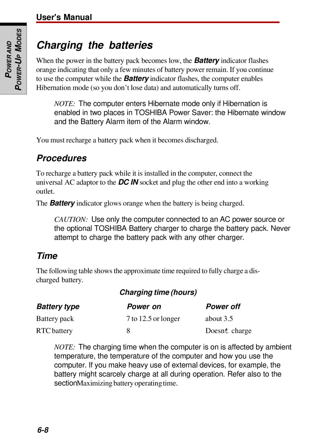 Toshiba Satellite 2450 Charging the batteries, Procedures, Time, Charging time hours Battery type Power on Power off 