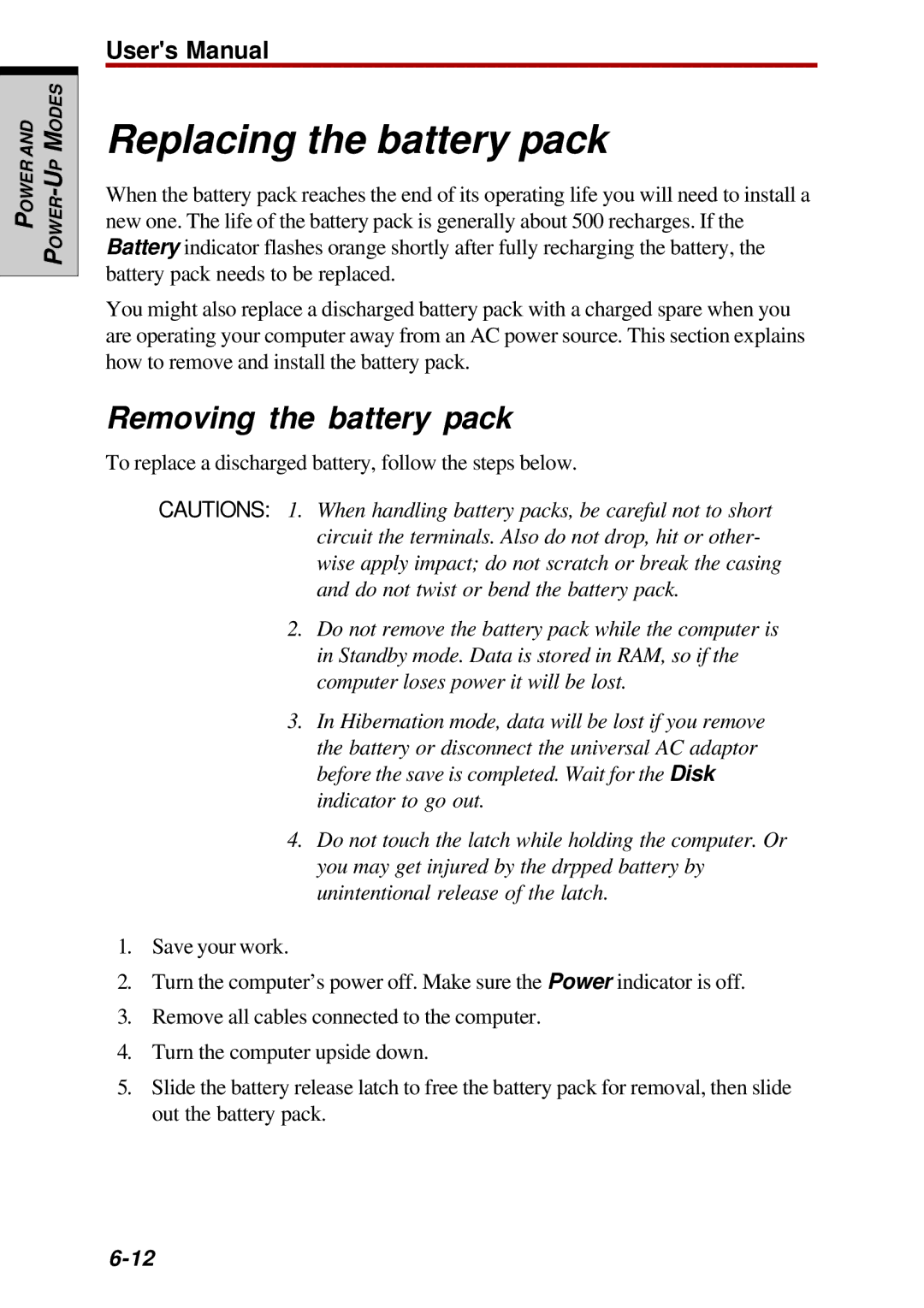 Toshiba Satellite 2450 user manual Replacing the battery pack, Removing the battery pack 