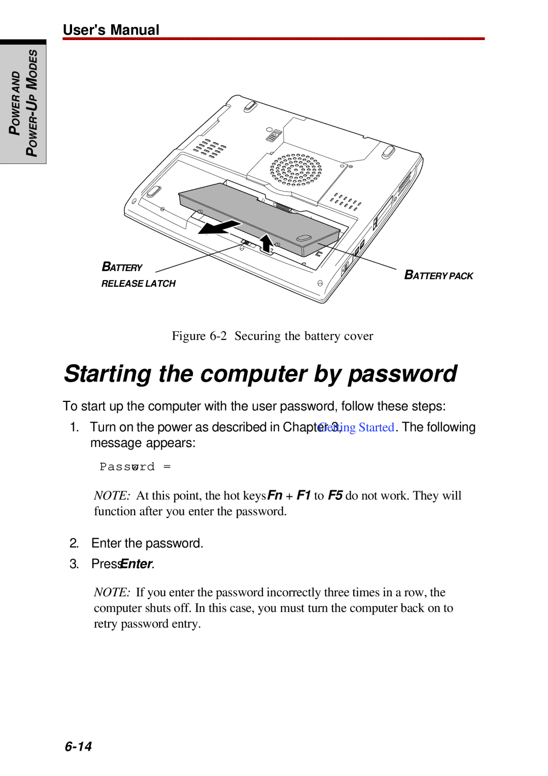 Toshiba Satellite 2450 user manual Starting the computer by password, Securing the battery cover 