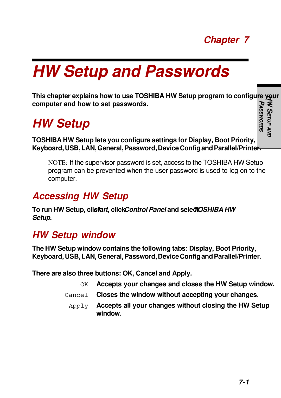 Toshiba Satellite 2450 user manual HW Setup and Passwords, Accessing HW Setup, HW Setup window 