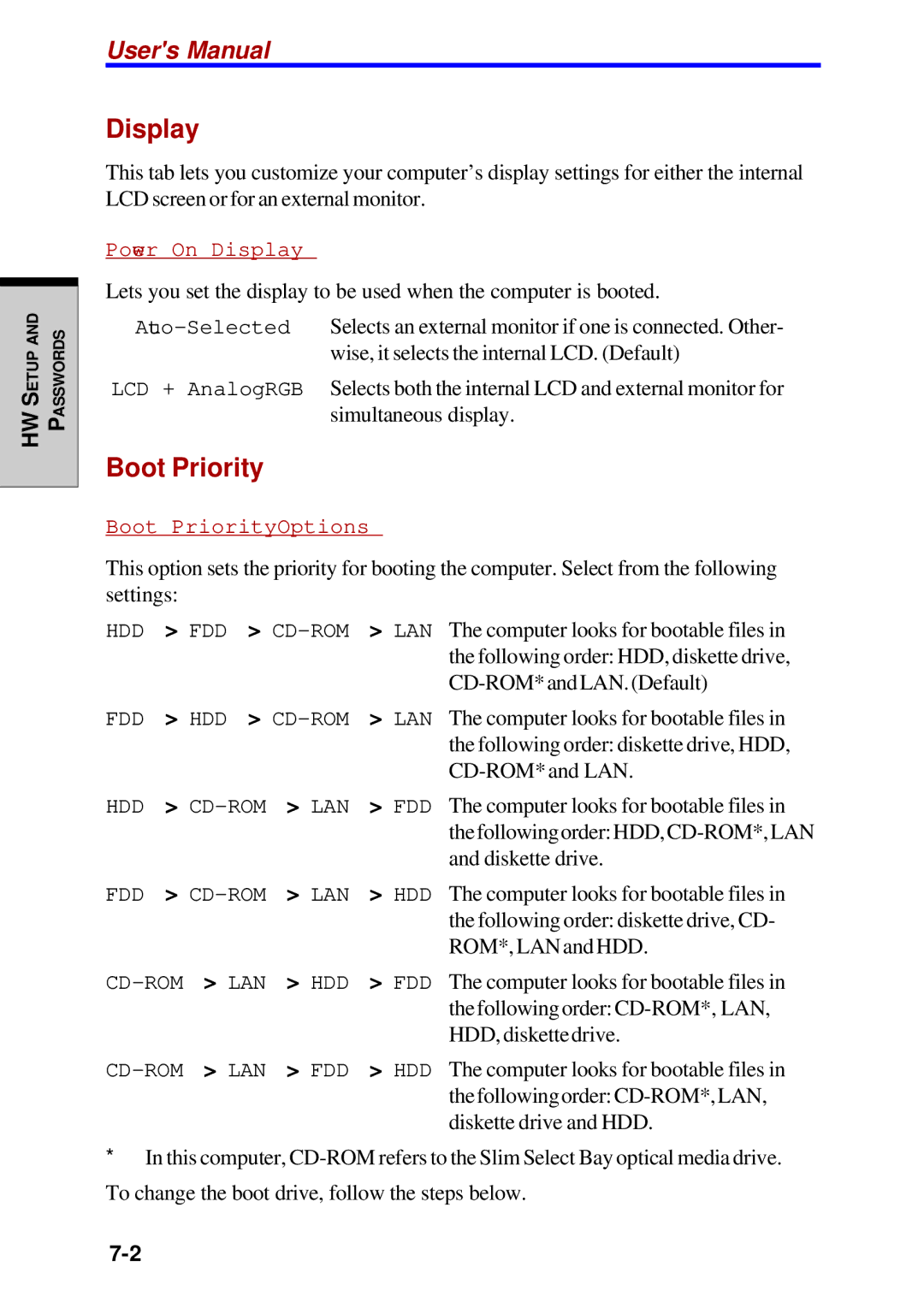 Toshiba Satellite 2450 user manual Boot Priority, Power On Display 