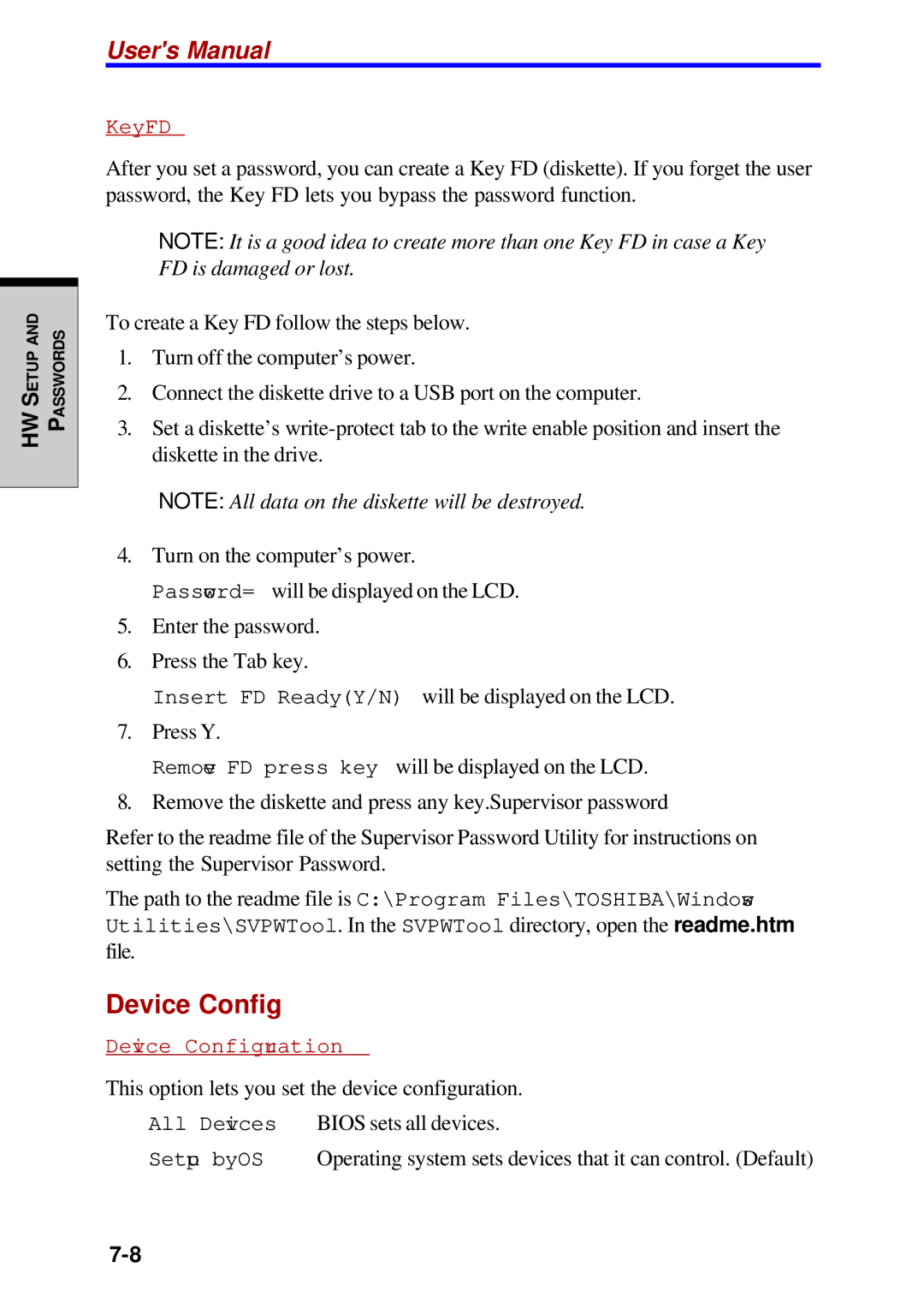 Toshiba Satellite 2450 user manual Device Config, Key FD 