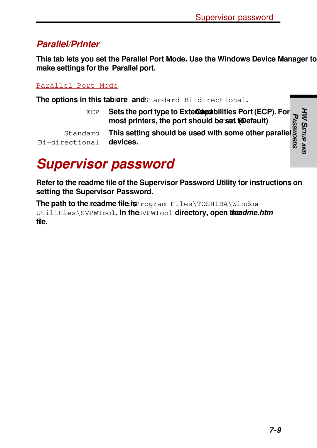 Toshiba Satellite 2450 user manual Supervisor password, Parallel/Printer 