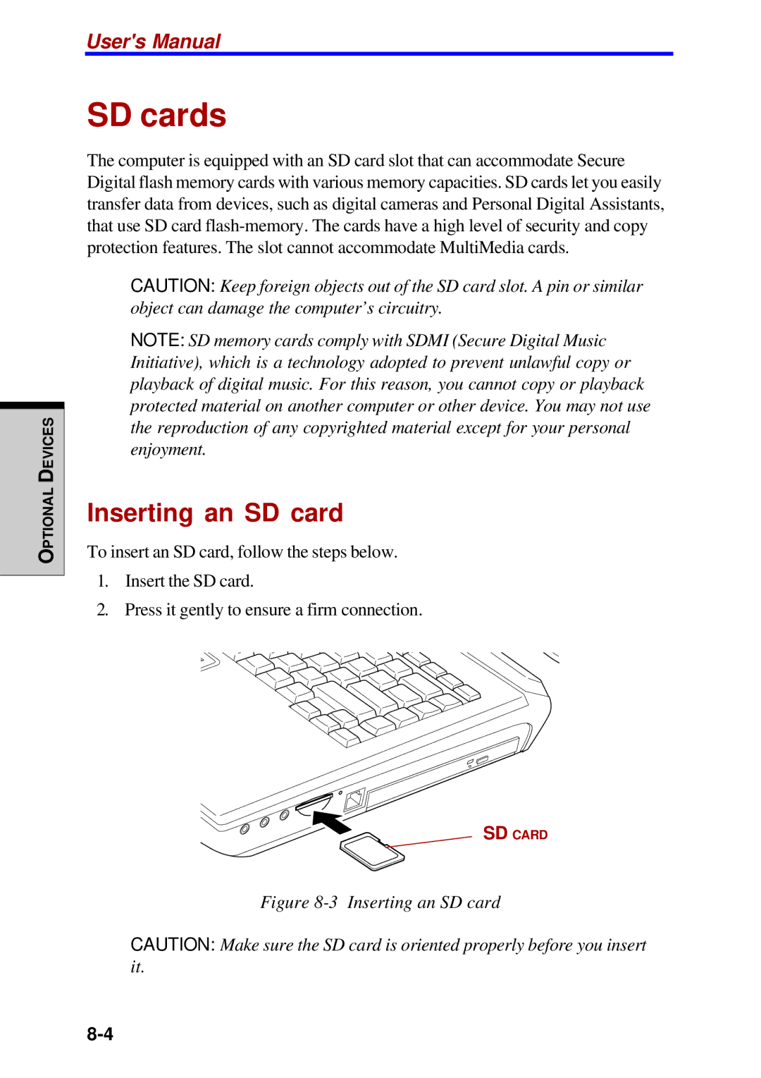 Toshiba Satellite 2450 user manual SD cards, Inserting an SD card 