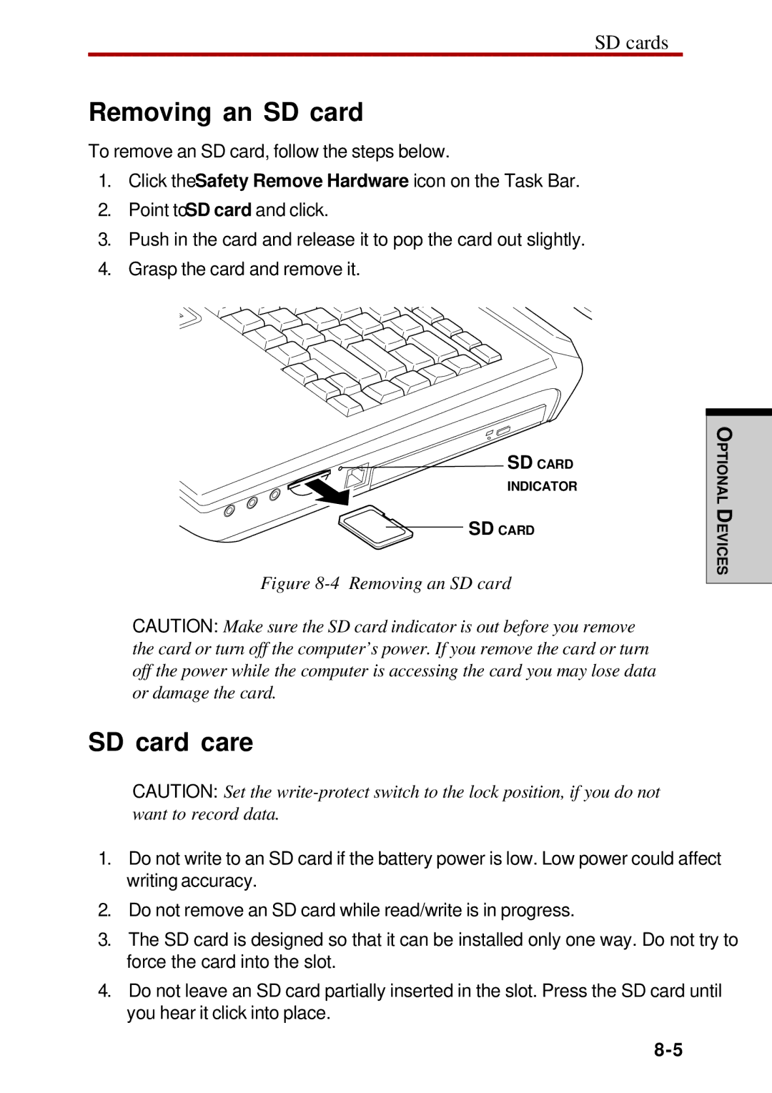 Toshiba Satellite 2450 user manual Removing an SD card, SD card care, SD cards 