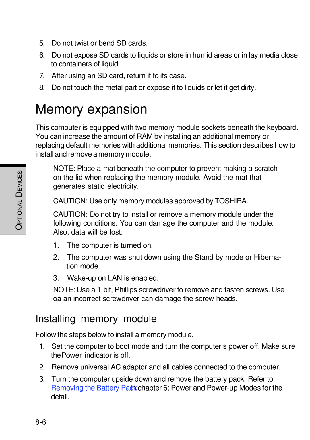 Toshiba Satellite 2450 user manual Memory expansion, Installing memory module 