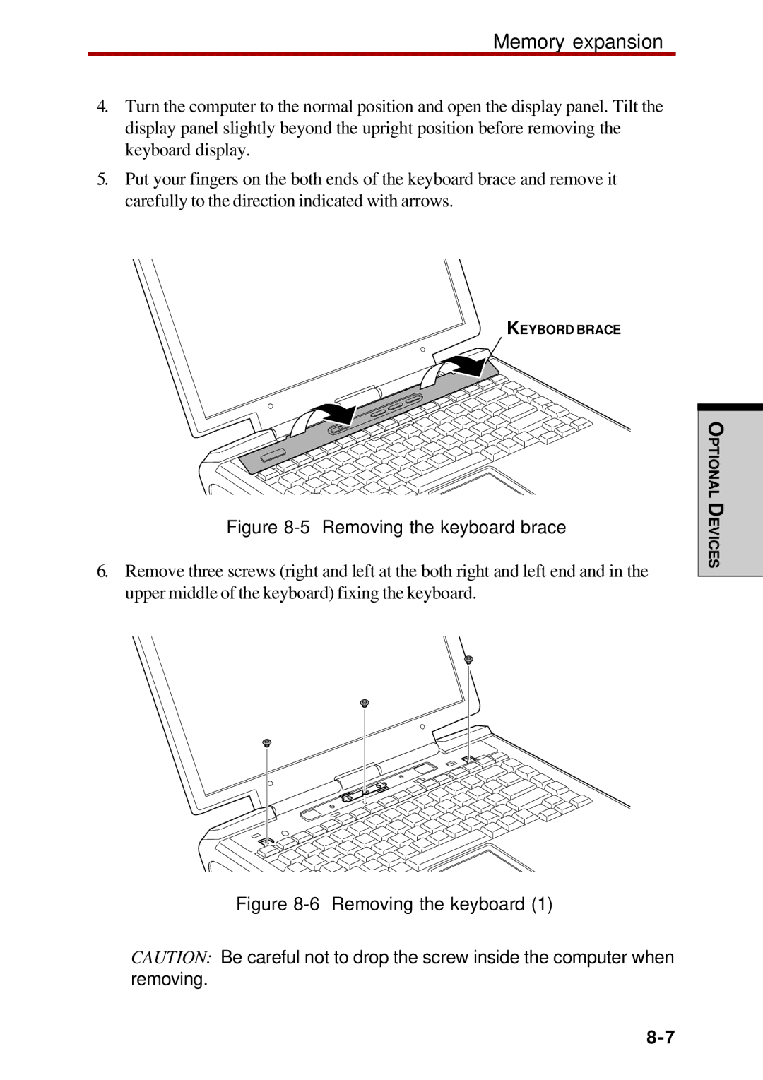 Toshiba Satellite 2450 user manual Memory expansion, Removing the keyboard brace 