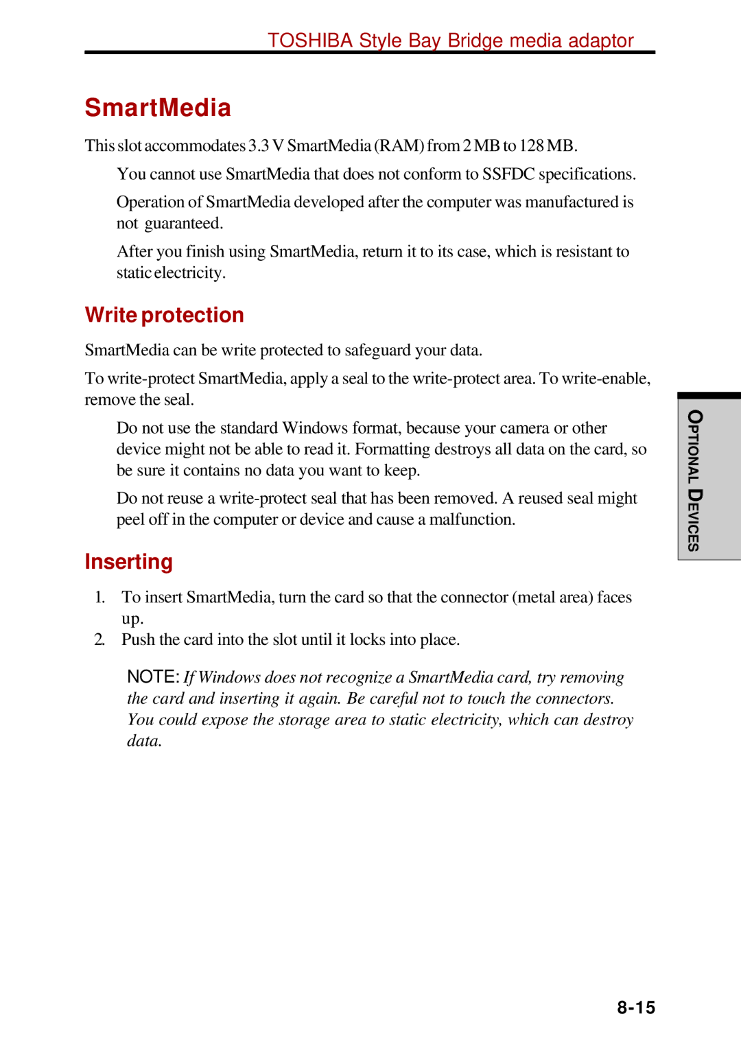 Toshiba Satellite 2450 user manual SmartMedia, Write protection 