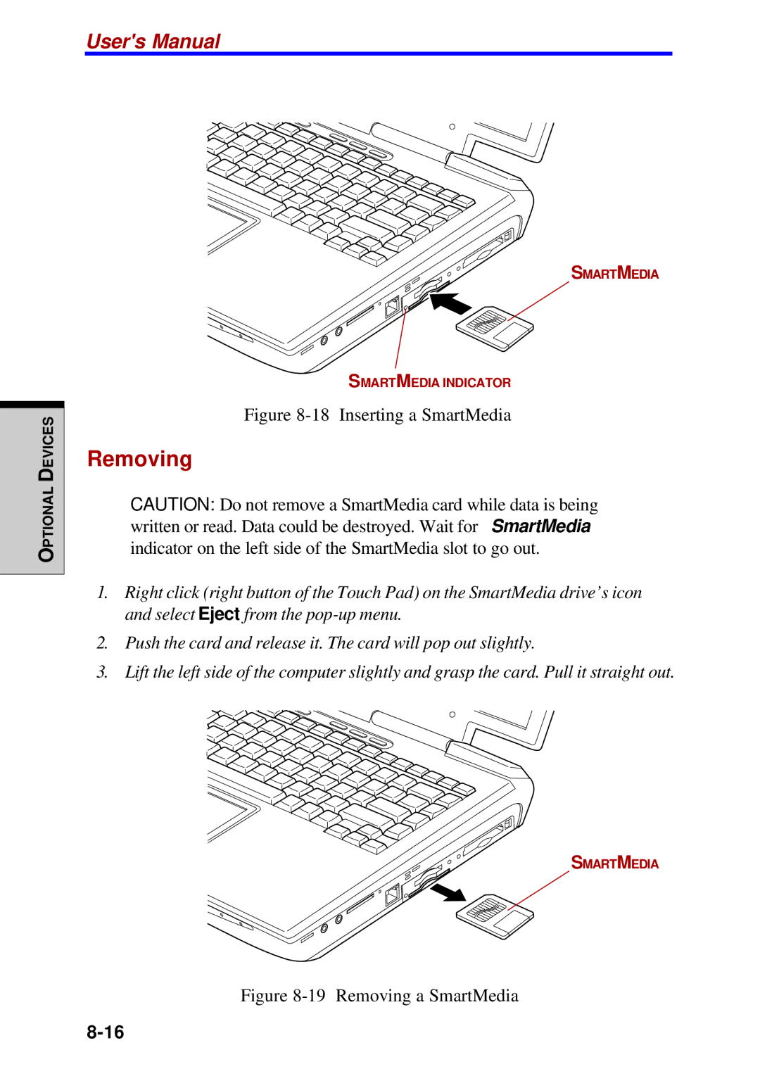 Toshiba Satellite 2450 user manual Inserting a SmartMedia 