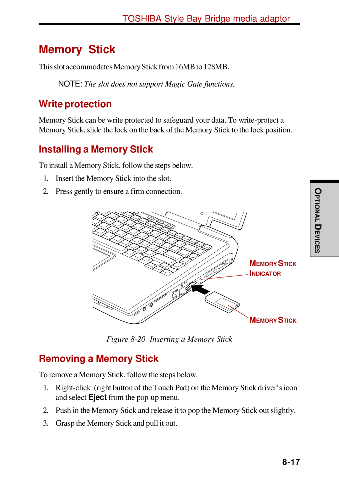 Toshiba Satellite 2450 user manual Installing a Memory Stick, Removing a Memory Stick 