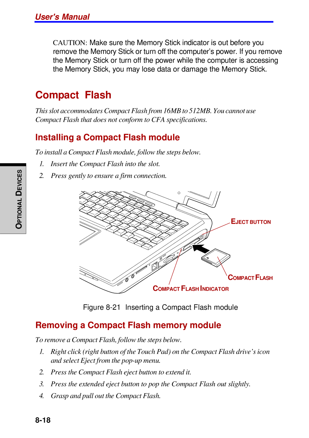 Toshiba Satellite 2450 user manual Installing a Compact Flash module, Removing a Compact Flash memory module 