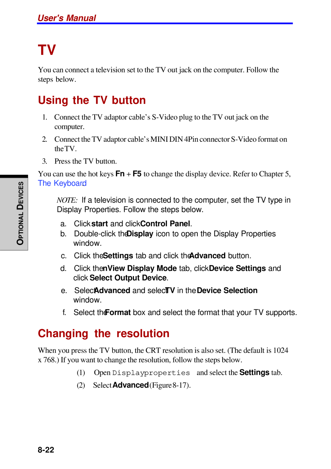 Toshiba Satellite 2450 user manual Using the TV button, Changing the resolution, Click start and click Control Panel 