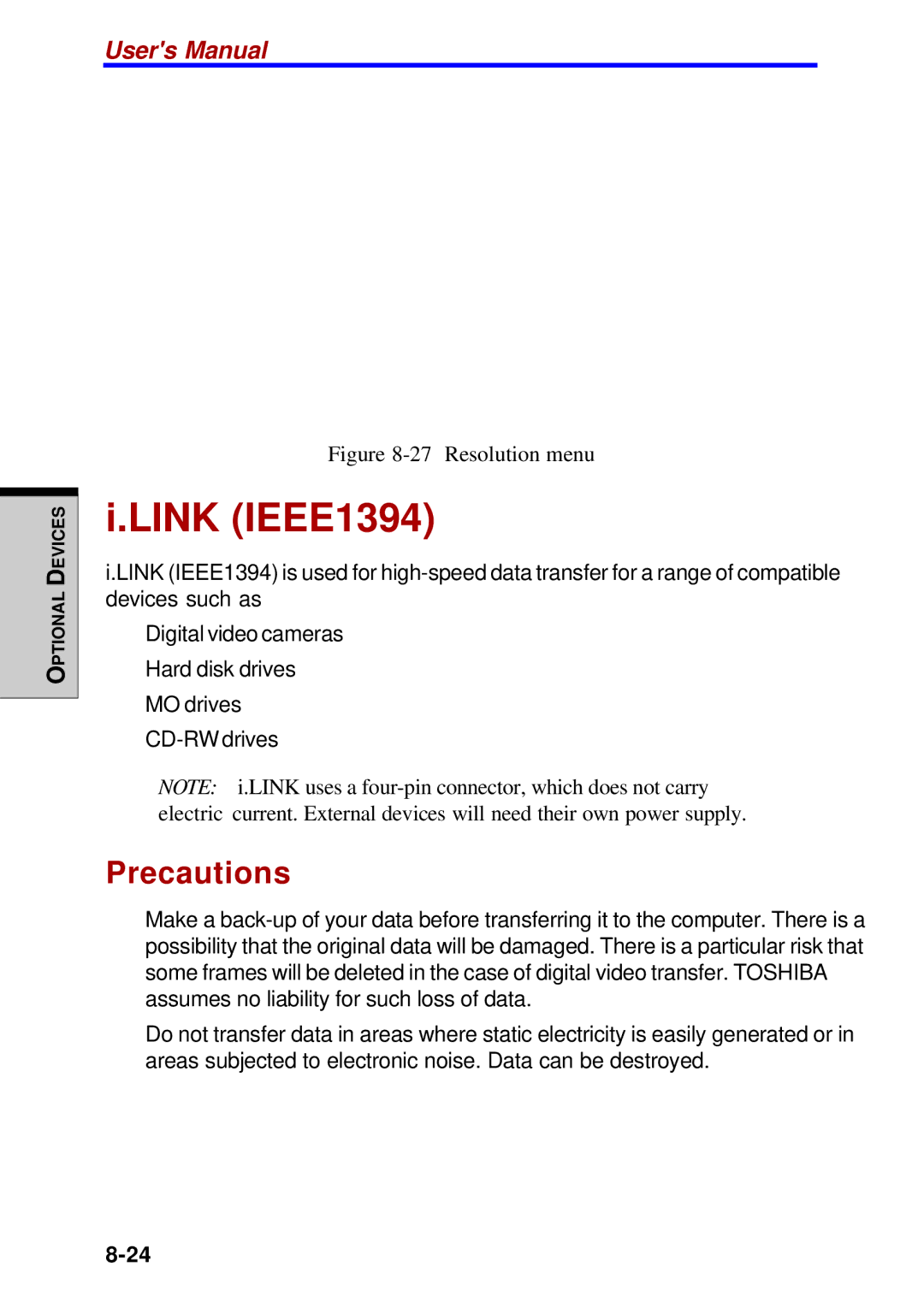 Toshiba Satellite 2450 user manual Link IEEE1394, Precautions 