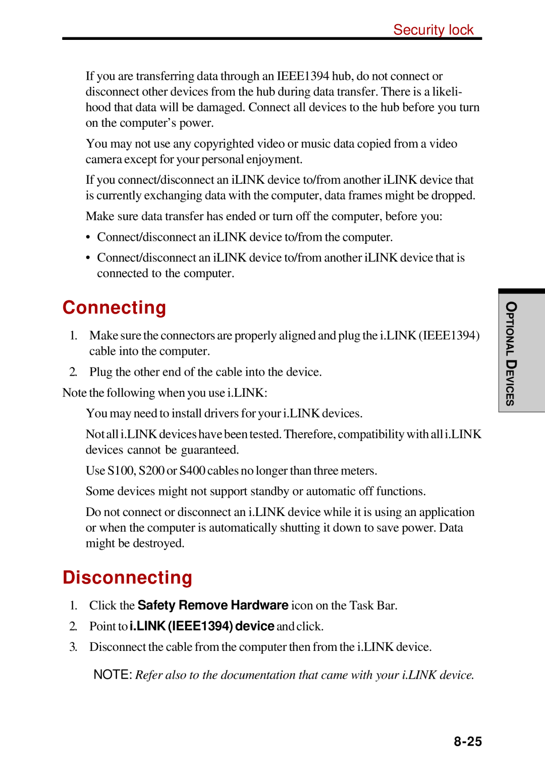 Toshiba Satellite 2450 user manual Security lock, Point to i.LINK IEEE1394 device and click 