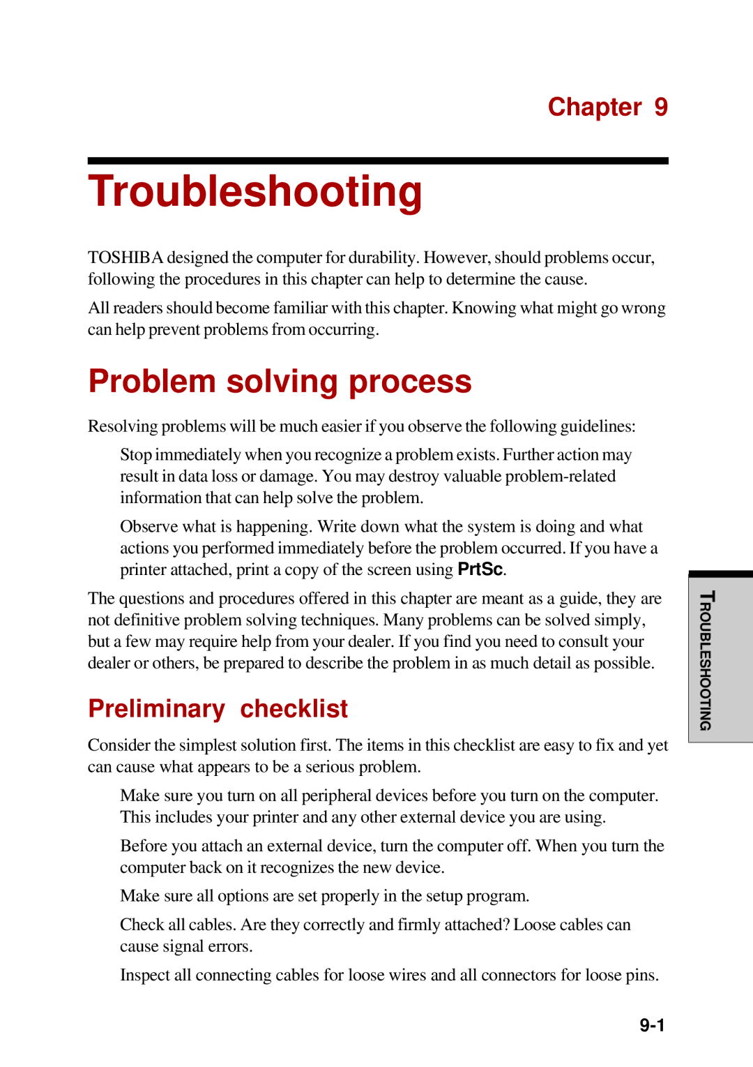 Toshiba Satellite 2450 user manual Troubleshooting, Problem solving process, Preliminary checklist 