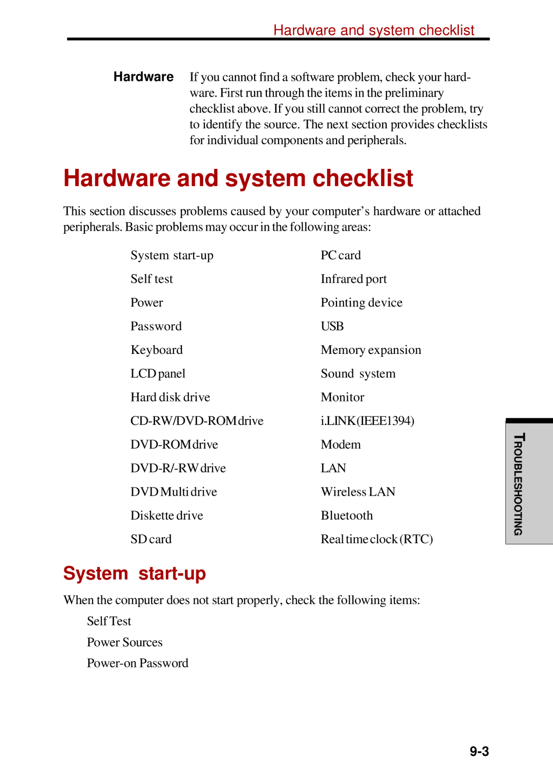 Toshiba Satellite 2450 user manual Hardware and system checklist, System start-up 