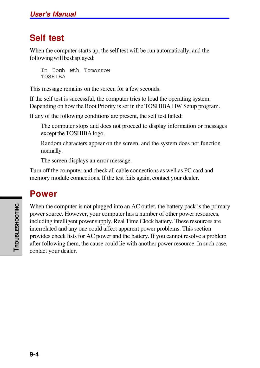 Toshiba Satellite 2450 user manual Self test, Power 