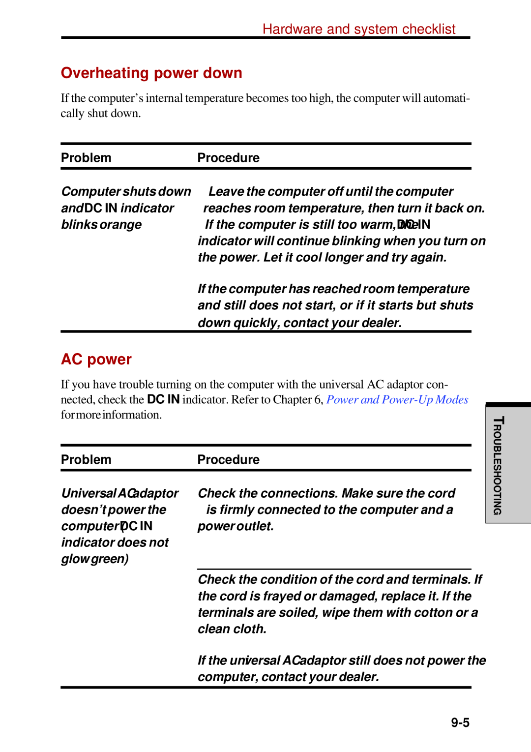 Toshiba Satellite 2450 user manual Overheating power down, AC power, Problem Procedure 