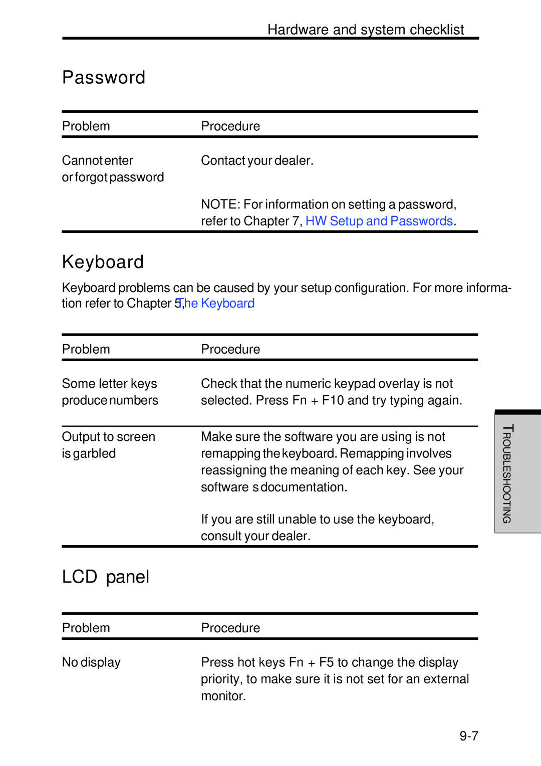 Toshiba Satellite 2450 user manual Password, LCD panel 