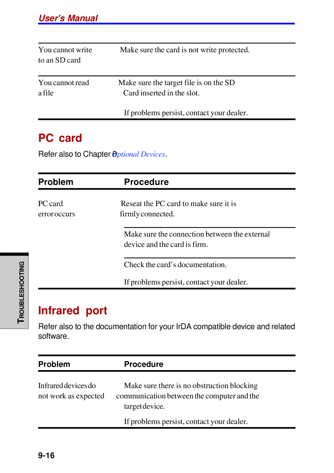 Toshiba Satellite 2450 user manual PC card, Infrared port 