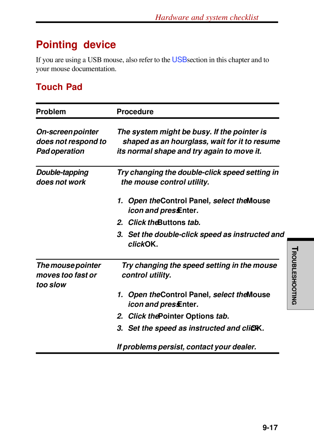 Toshiba Satellite 2450 user manual Pointing device, Touch Pad, Click the Pointer Options tab 