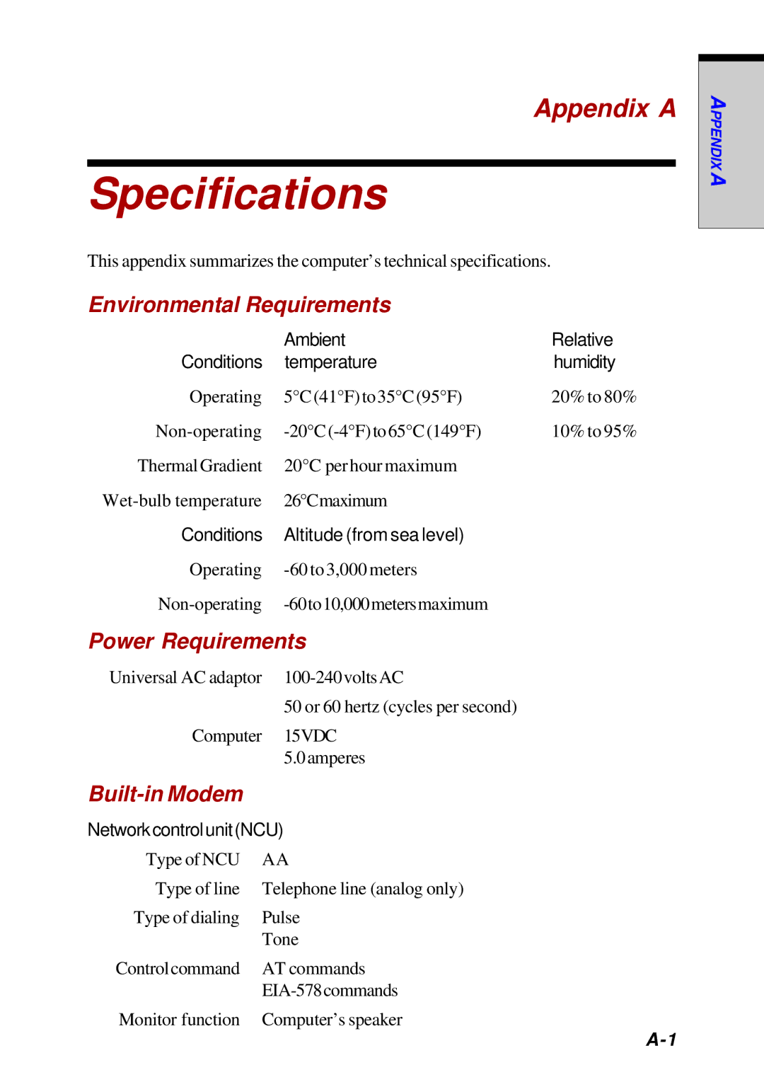 Toshiba Satellite 2450 Specifications, Appendix a, Environmental Requirements, Power Requirements, Built-in Modem 