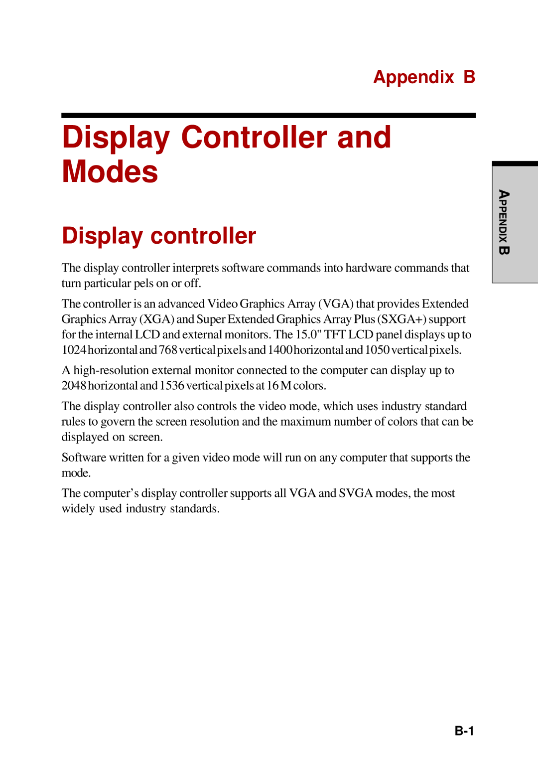 Toshiba Satellite 2450 user manual Display Controller and Modes, Display controller, Appendix B 