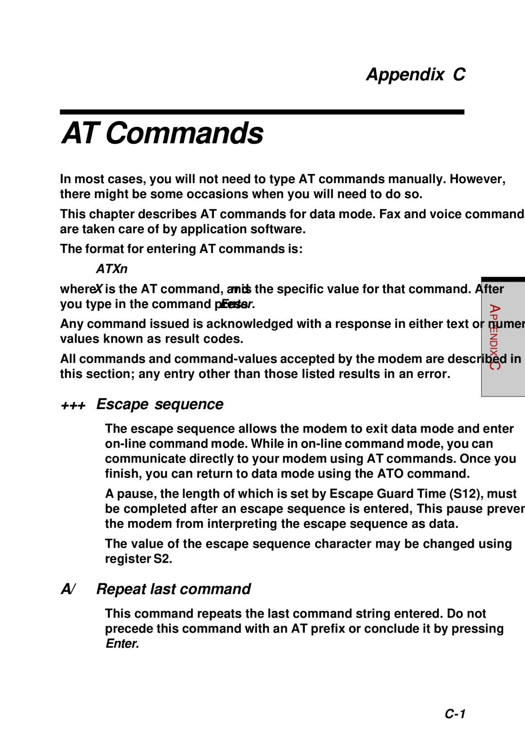 Toshiba Satellite 2450 user manual AT Commands, Appendix C, +++ Escape sequence, Repeat last command, ATXn 