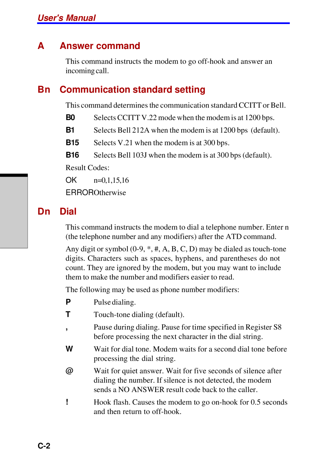 Toshiba Satellite 2450 user manual Answer command, Bn Communication standard setting, Dn Dial 