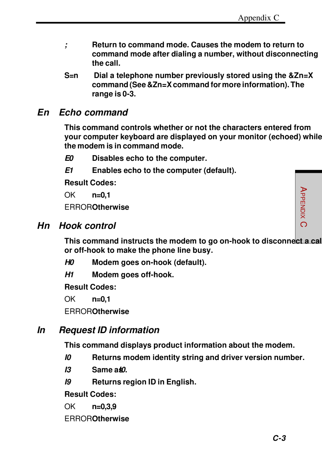 Toshiba Satellite 2450 user manual En Echo command, Hn Hook control, Request ID information, Appendix C 