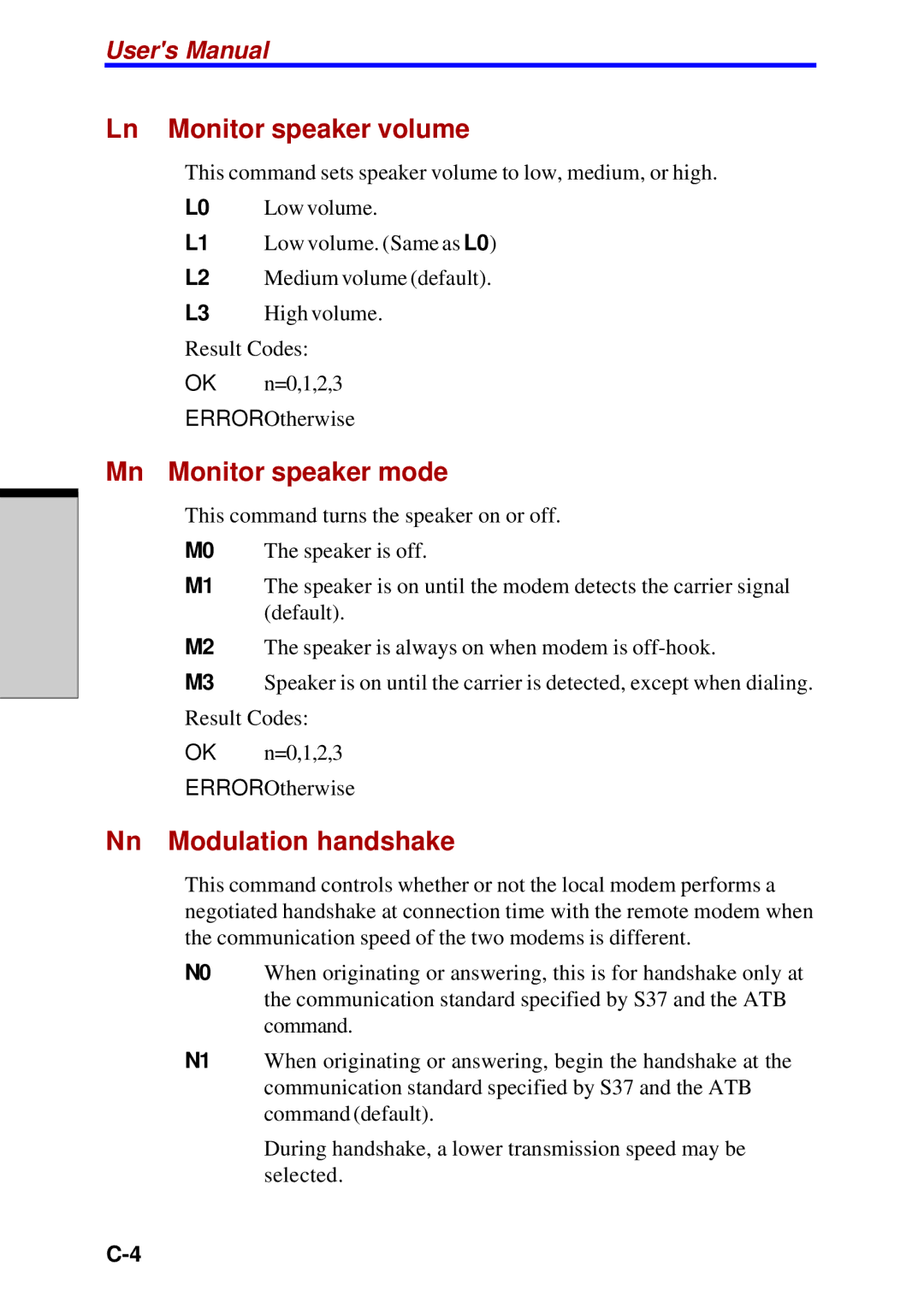 Toshiba Satellite 2450 user manual Ln Monitor speaker volume, Mn Monitor speaker mode, Nn Modulation handshake 