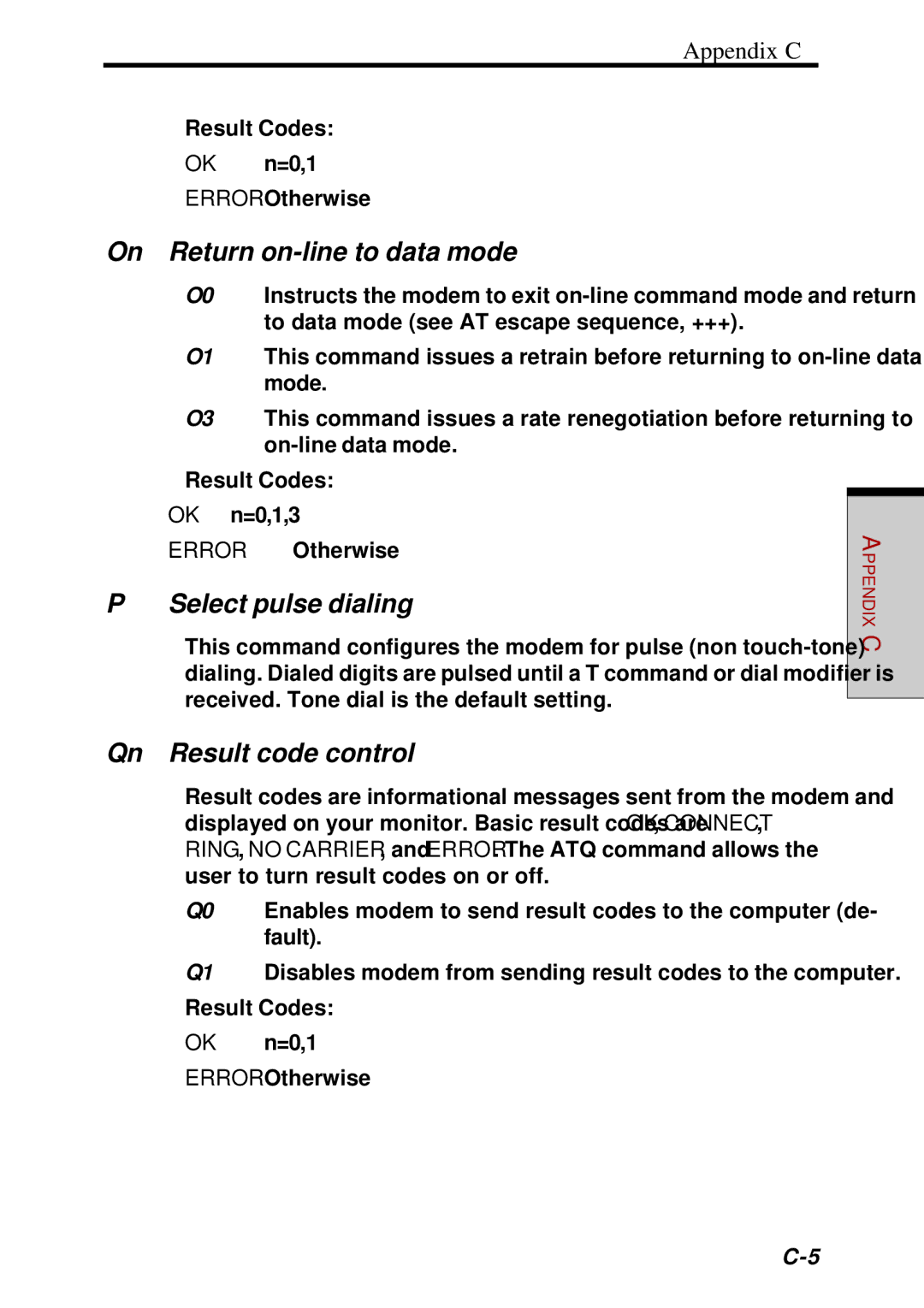 Toshiba Satellite 2450 user manual On Return on-line to data mode, Select pulse dialing, Qn Result code control 