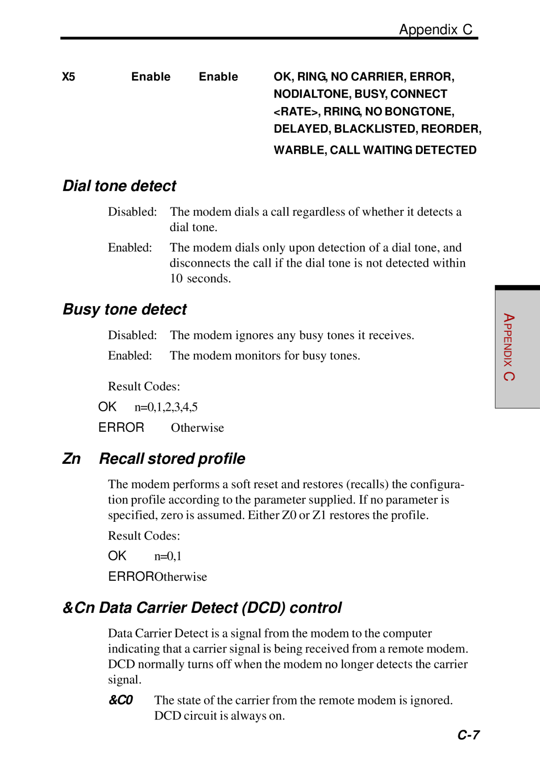 Toshiba Satellite 2450 Dial tone detect, Busy tone detect, Zn Recall stored profile, Cn Data Carrier Detect DCD control 