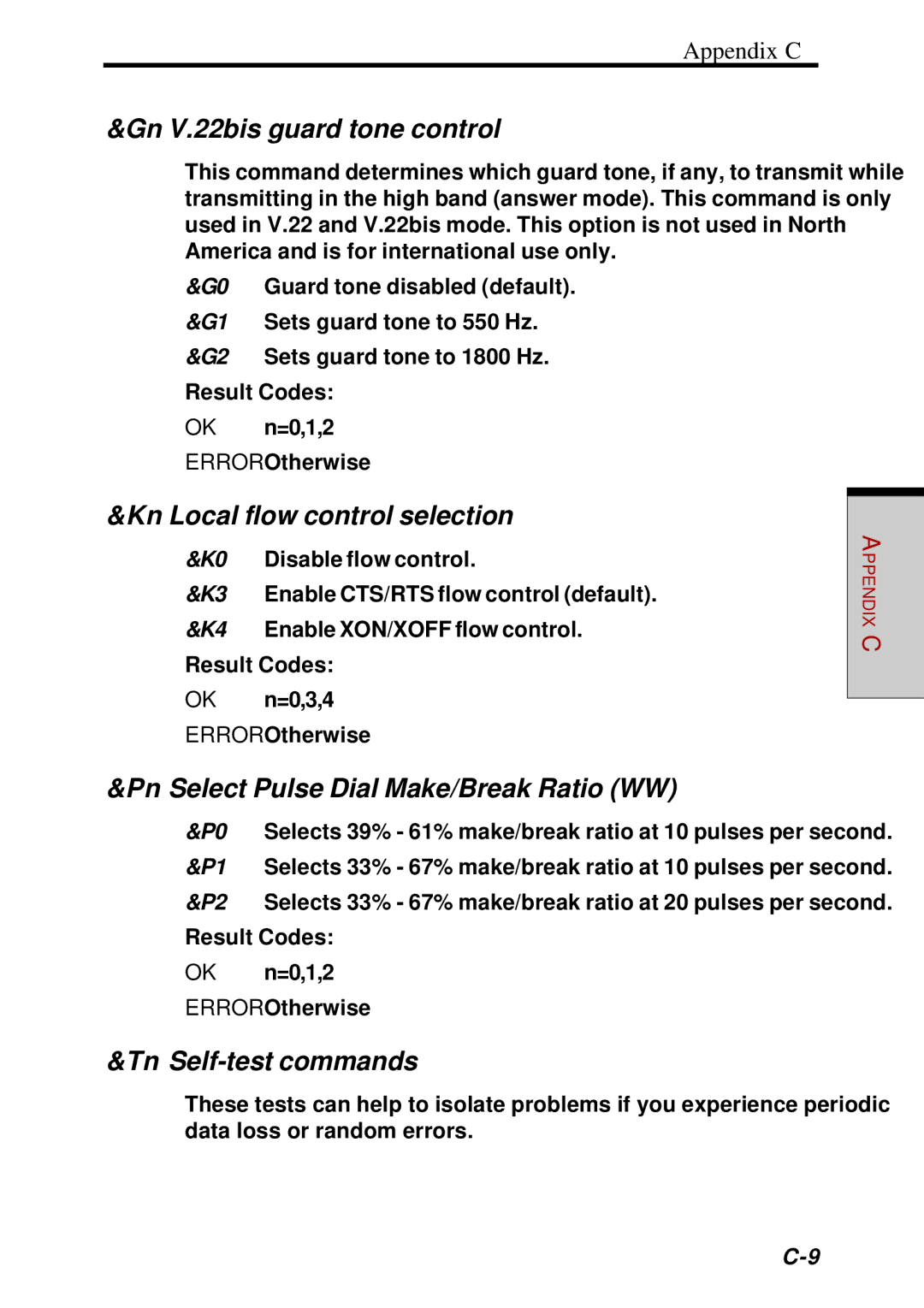 Toshiba Satellite 2450 user manual Gn V.22bis guard tone control, Kn Local flow control selection, Tn Self-test commands 