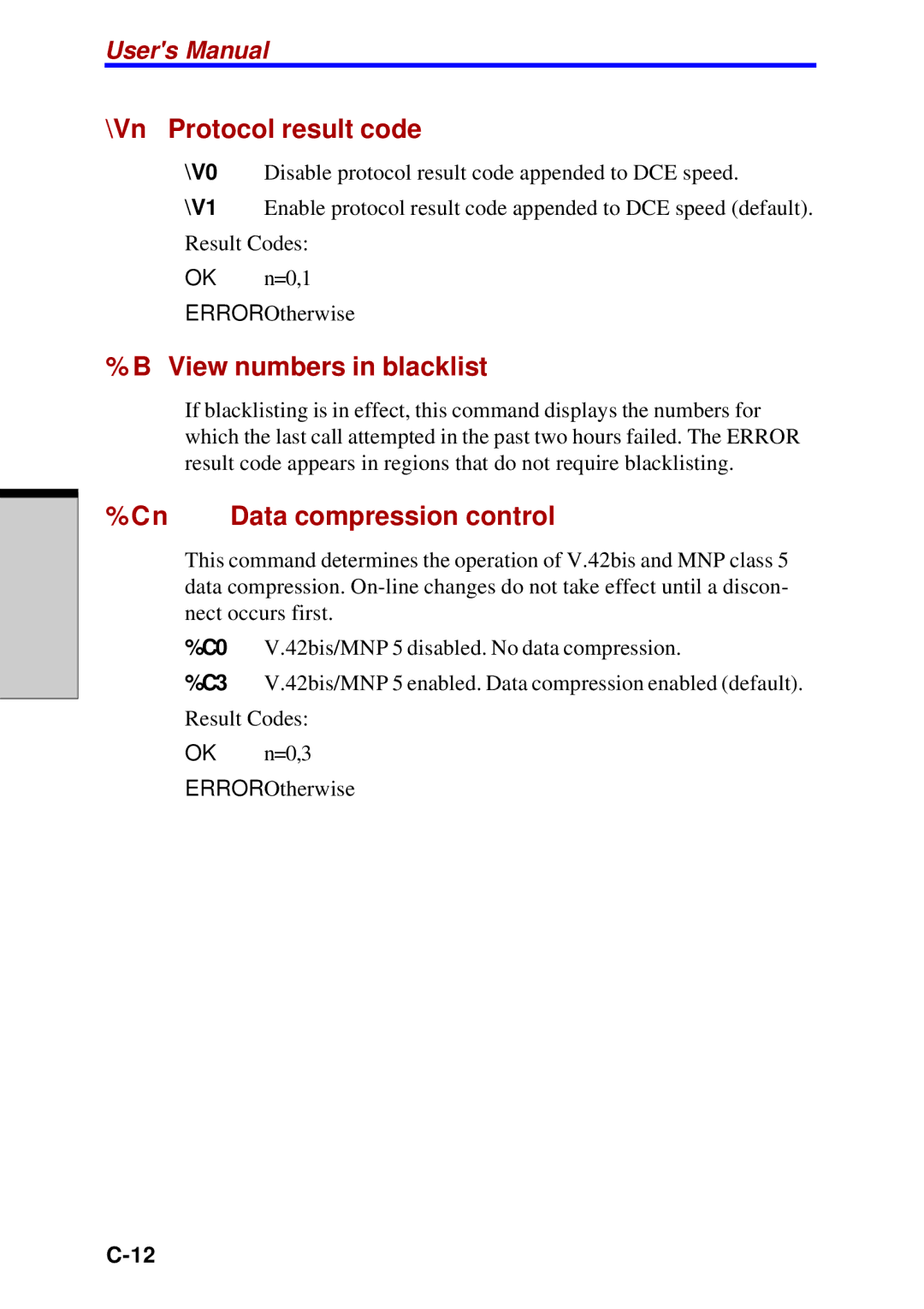 Toshiba Satellite 2450 user manual Vn Protocol result code, View numbers in blacklist, Cn Data compression control 