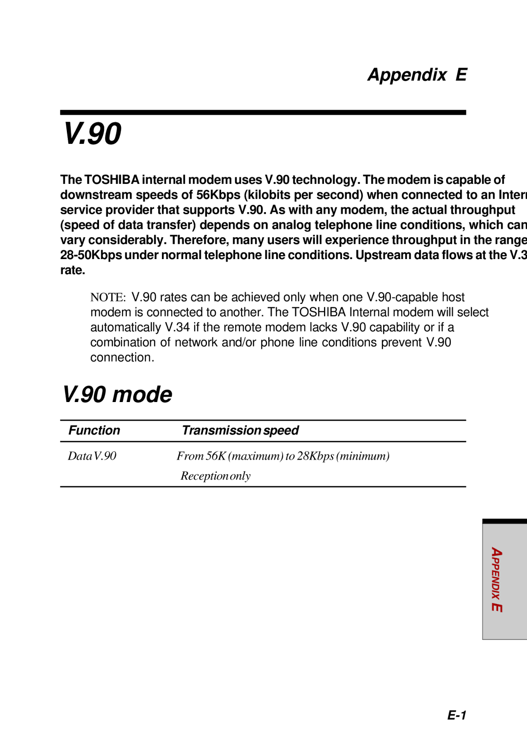 Toshiba Satellite 2450 user manual Mode, Appendix E, Function Transmissionspeed 