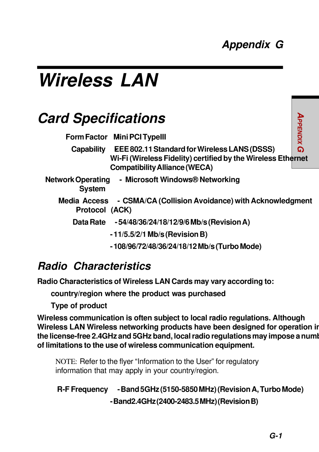 Toshiba Satellite 2450 user manual Wireless LAN, Card Specifications, Appendix G, Radio Characteristics 